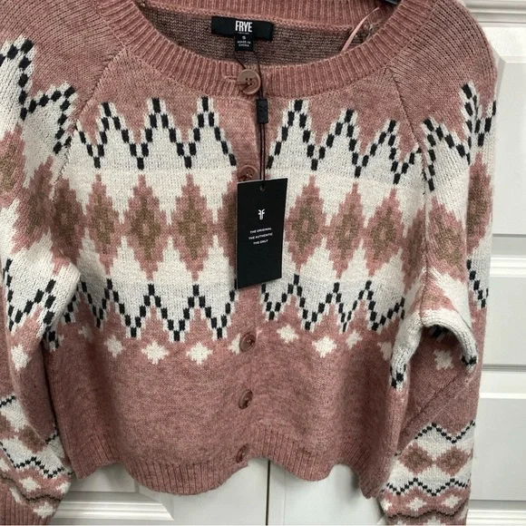 FRYE Argyle Nordic Fair Isle Button Up Cardigan Mauve Small Oversized Preppy SM - Picture 5 of 5